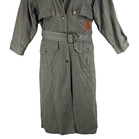 Together Women 8 Military Style Trench Coat Olive Green Leather Trim Grunge Goth - Picture 8 of 16